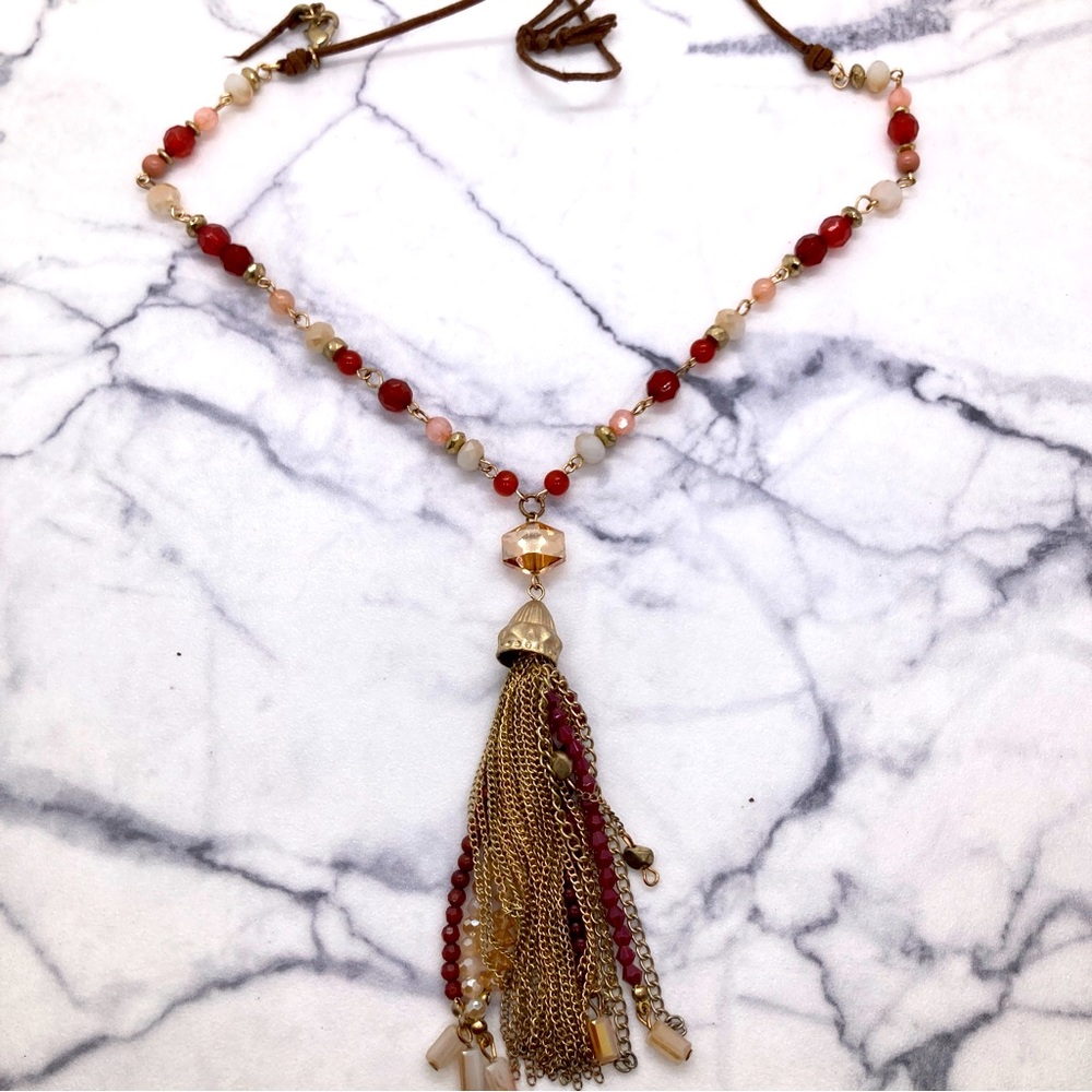 Beaded Chain Tassel Necklace Broken Suede Like Cord Loft Charm